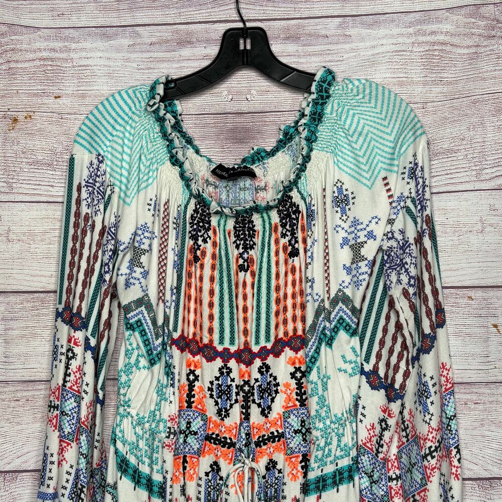 Hemant & Nandita Boho Off Sholder Embroidered Tassel Smocked Mini Dress Medium - Picture 15 of 15